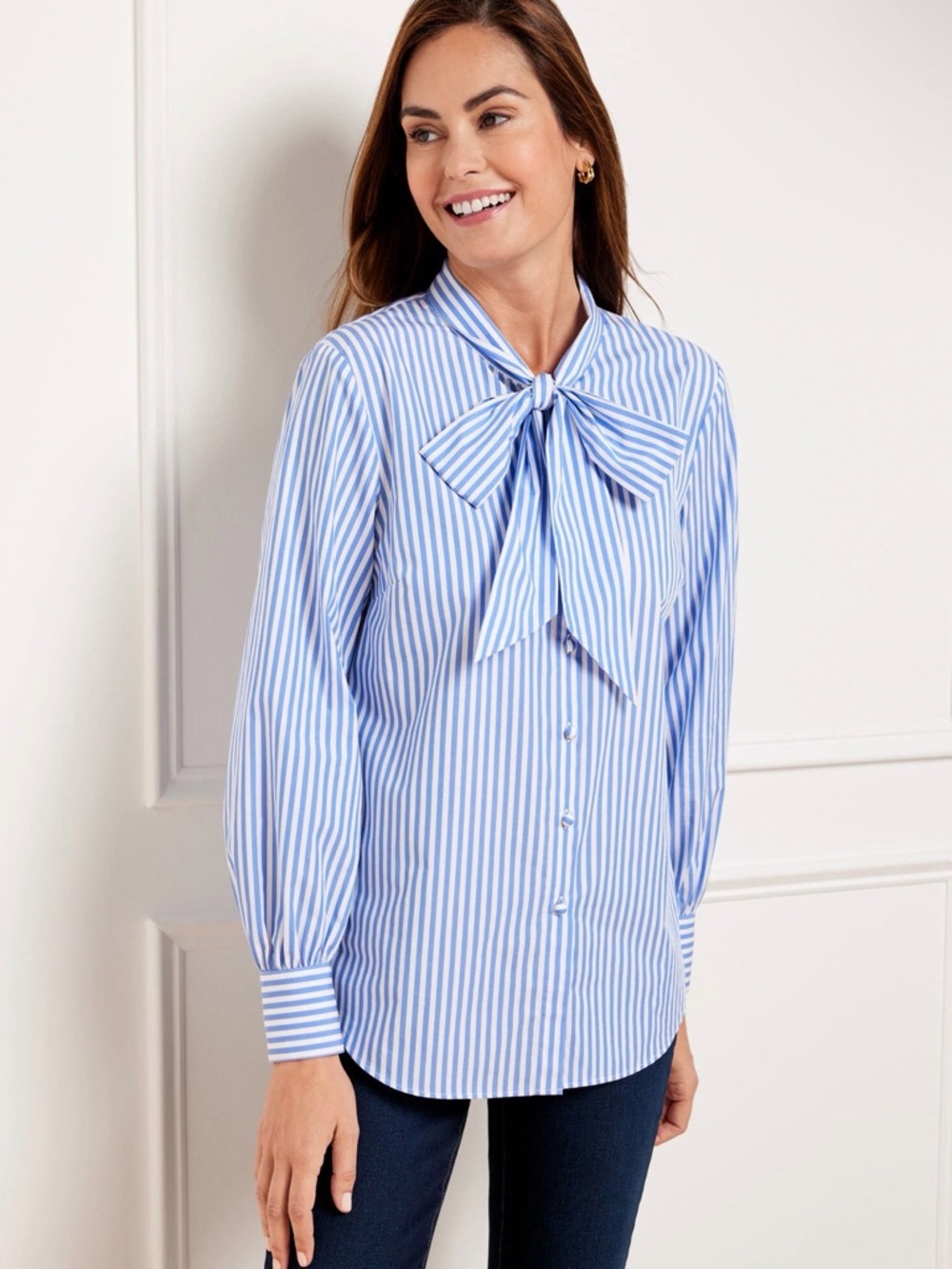 Talbot’s Tie Neck Blouse Opulent Stripe Blue White Pinstripe Buttoned 3X Petite